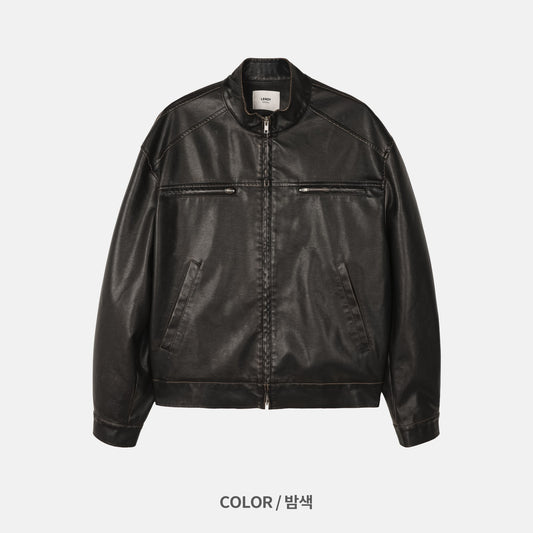 MAGNOLIA Vintage Leather-Look Stand Collar Jacket(BROWN,BLACK) 商品画像1/13
