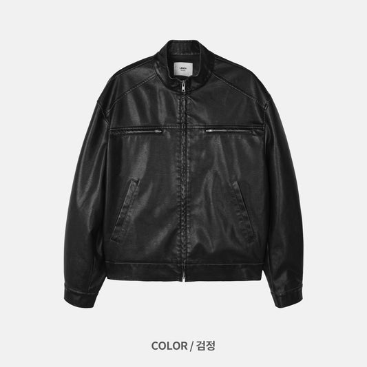MAGNOLIA Vintage Leather-Look Stand Collar Jacket(BROWN,BLACK) 商品画像2/13