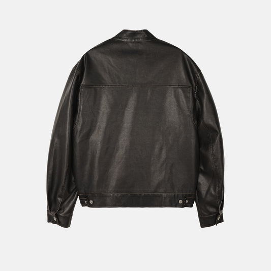 MAGNOLIA Vintage Leather-Look Stand Collar Jacket(BROWN,BLACK) 商品画像3/13