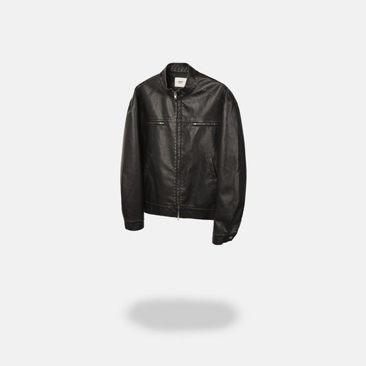 MAGNOLIA Vintage Leather-Look Stand Collar Jacket(BROWN,BLACK) 商品画像4/13