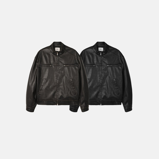 MAGNOLIA Vintage Leather-Look Stand Collar Jacket(BROWN,BLACK) 商品画像5/13