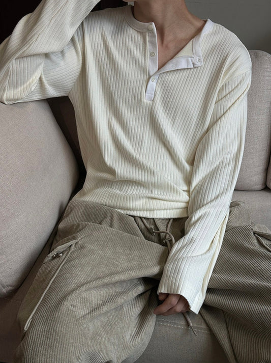 MAGNOLIA Viscose Rib Henley Long Sleeve(WHITE,OATMEAL,BLACK) 商品画像1/15