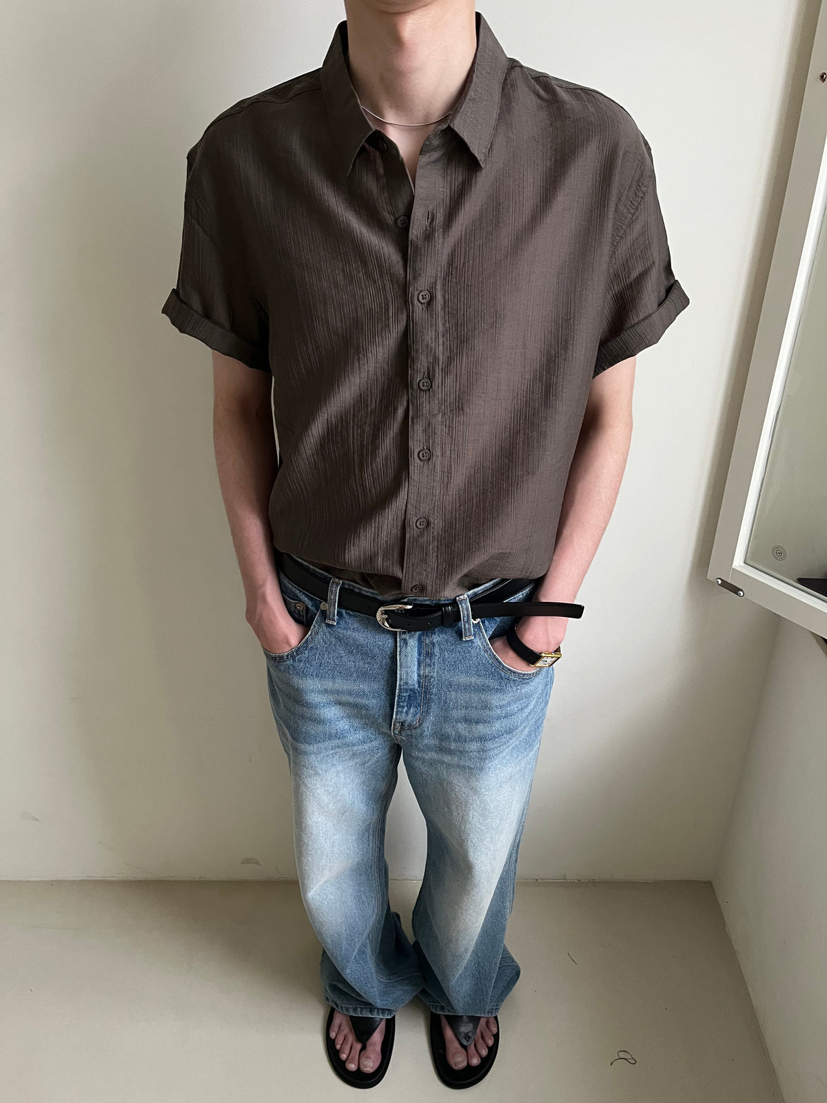 MAGNOLIA Viscose Semi Crop Shirt(GRAY,BLACK) 商品画像3/13