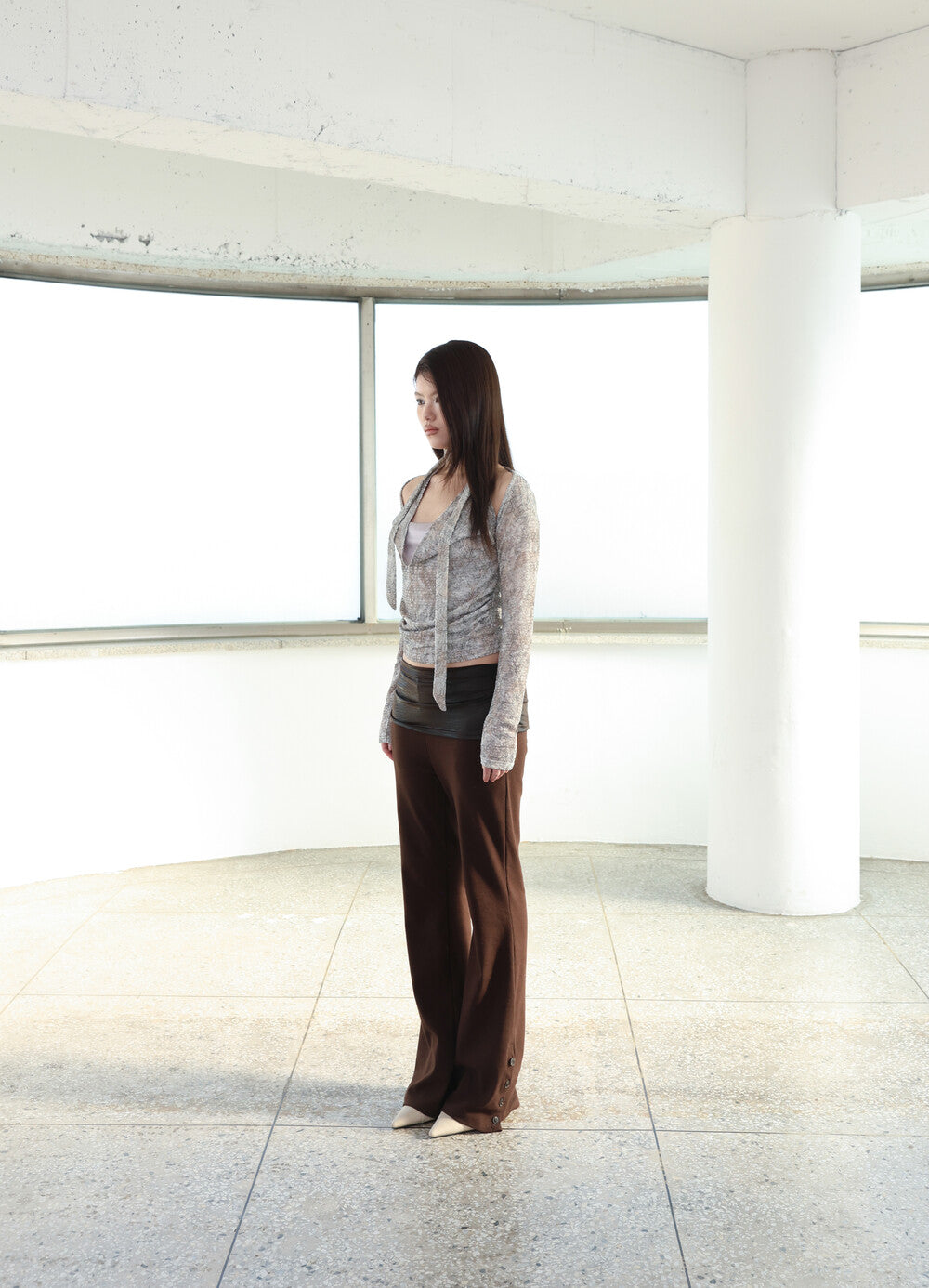 MIAE レイヤード レザー パンツ ブラウン レイヤー詳細｜韓国ブランド レディース