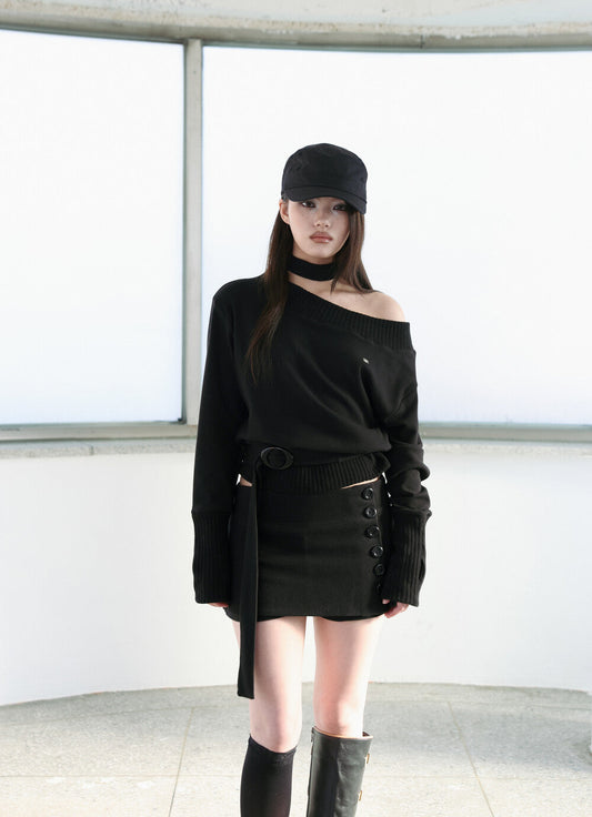 MIAE オフショルダー スウェット ブラック セットルック｜韓国ファッション レディース 通販