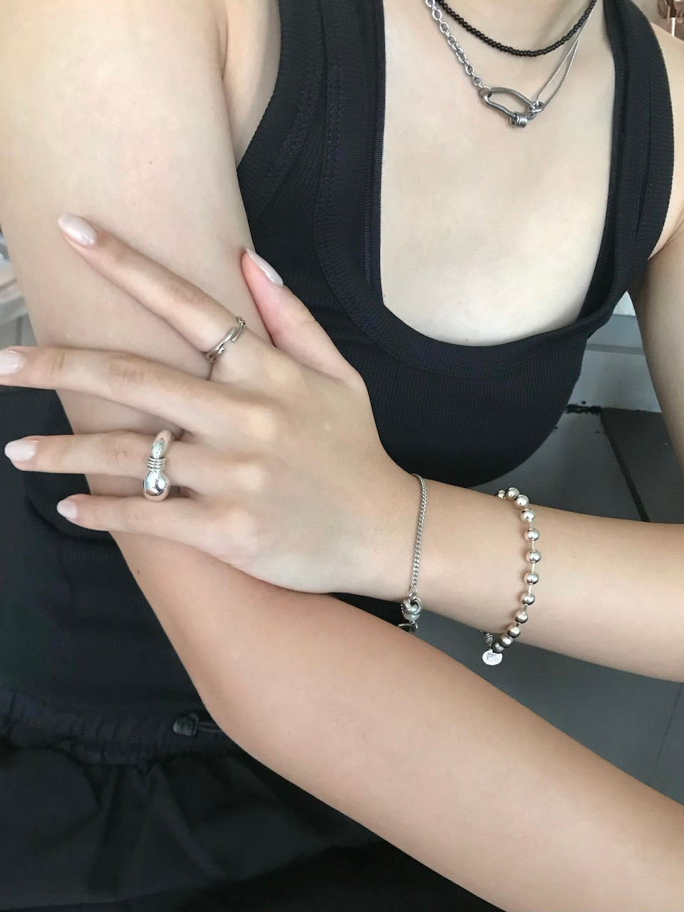 pinekim パインキム Pine Ring with Layered Chain シルバー 韓国アクセサリー