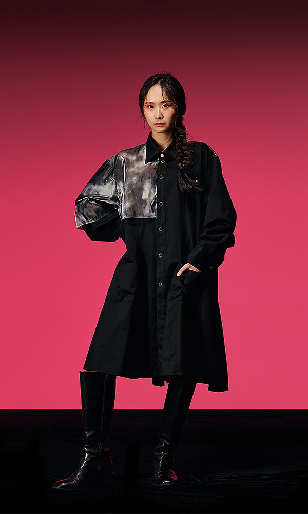 Reculer レキュリー シースルー ケイプディテール ロングシャツ ブラック 正面 韓国ブランド 2023FW