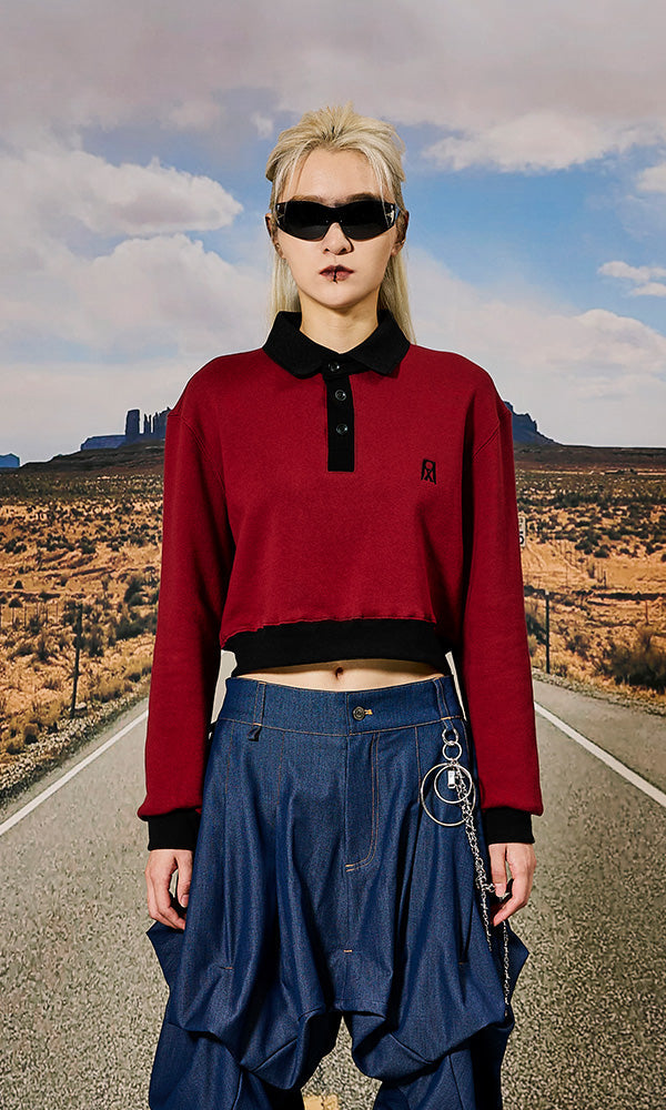 [Reculer] Pique collar cropped sweatshirt Burgundy