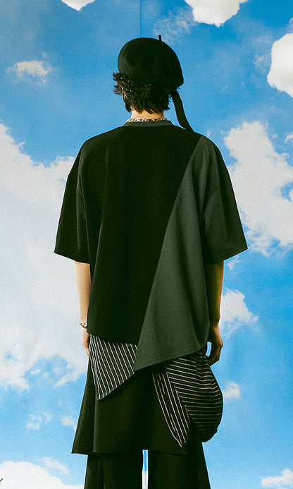 レキュリー ハーフ＆ハーフ 半袖Tシャツ ブラック バックスタイル 韓国クラシックコーデ 2024SS