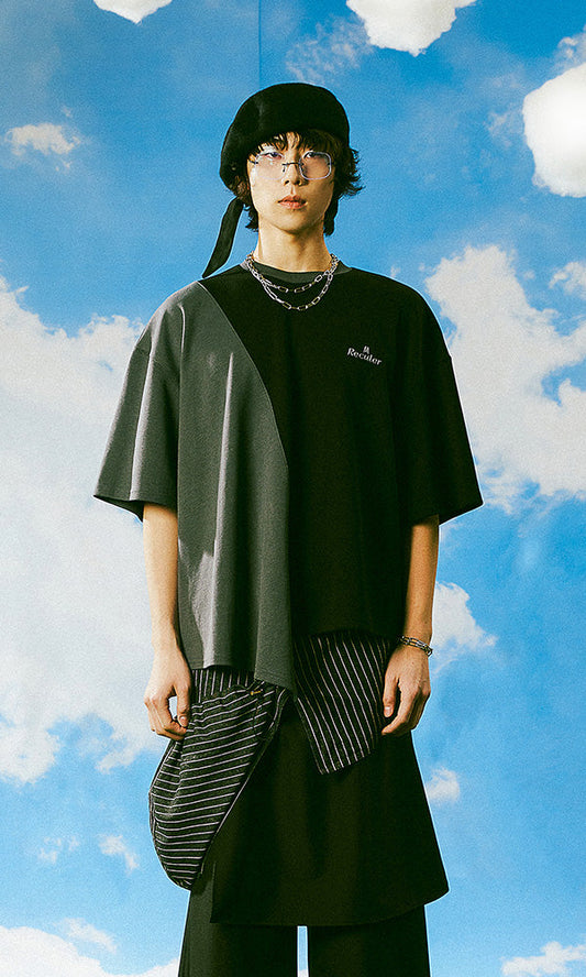 Reculer レキュリー ハーフ＆ハーフ 半袖ロゴTシャツ ブラック 正面 韓国ブランド 2024SS