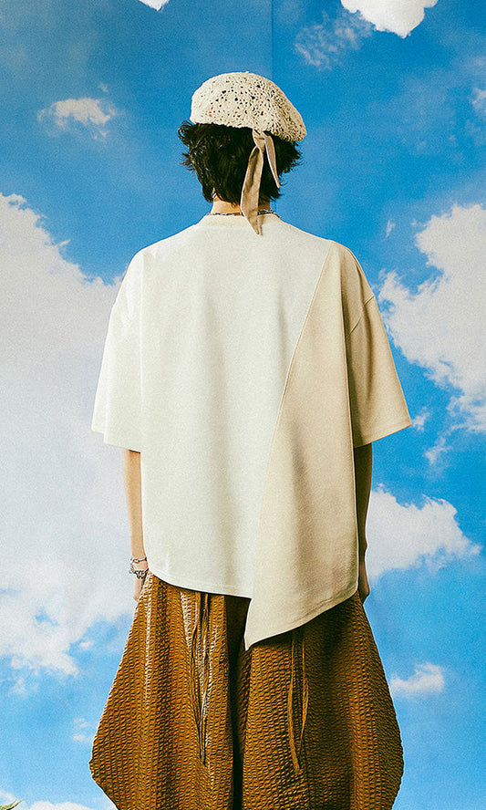 レキュリー ハーフ＆ハーフ 半袖Tシャツ アイボリー バックスタイル 韓国クラシックコーデ 2024SS