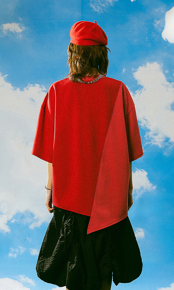 レキュリー ハーフ＆ハーフ 半袖Tシャツ レッド バックスタイル 韓国クラシックコーデ 2024SS