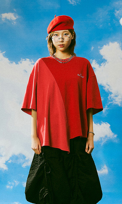 Reculer レキュリー ハーフ＆ハーフ 半袖ロゴTシャツ レッド 正面 韓国ブランド 2024SS