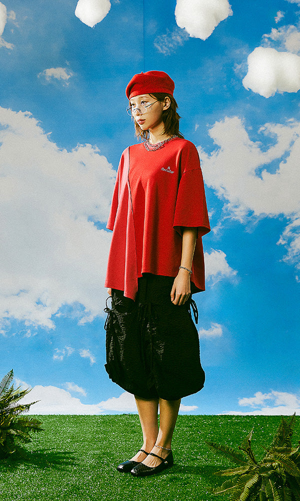 Reculer レキュリー 韓国 ハーフ＆ハーフ ロゴTシャツ レッド フリーサイズ オーバーサイズ