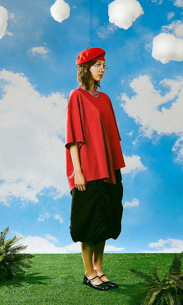 韓国デザイナーズブランド Reculer 2024SS ハーフ＆ハーフ ロゴTシャツ レッド WooStore