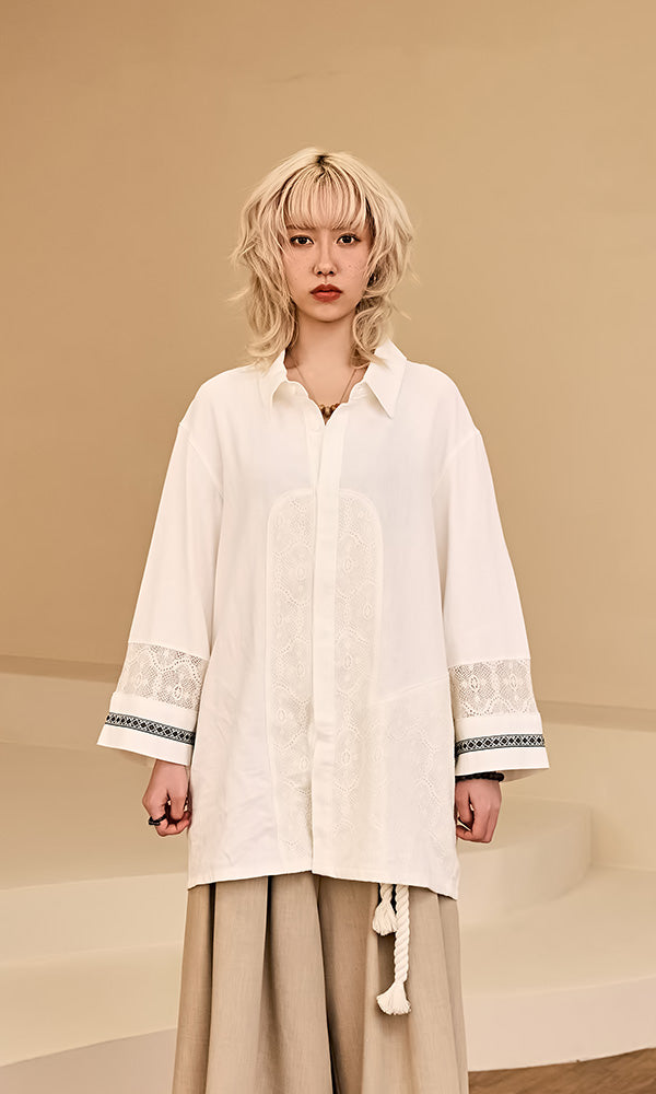 Reculer レキュリー レースカラーコンビネーション リネンシャツ アイボリー 正面 韓国ブランド 2025SS