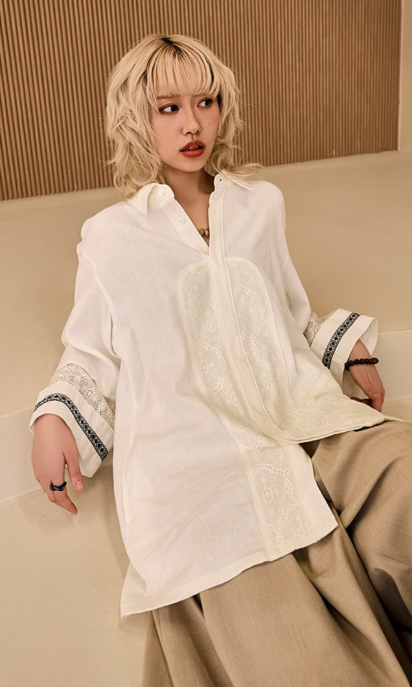Reculer: Lace Collar Combination Linen Shirt (Ivory) | WooStore