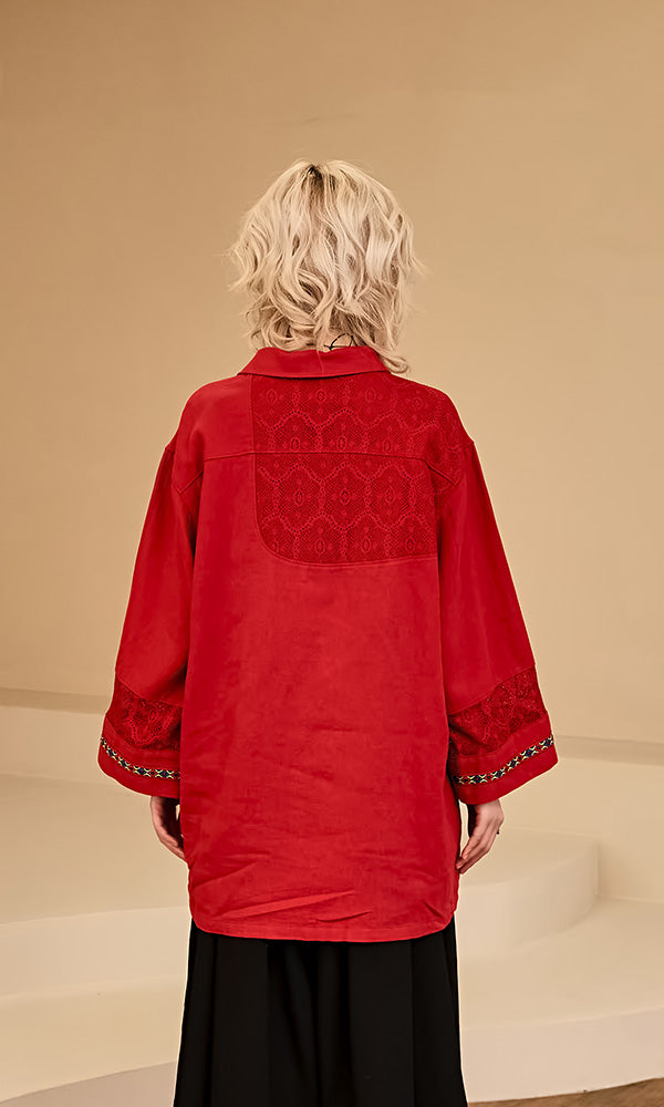 レキュリー リネンシャツ バック スタイル レッド ミニマルコーデ 韓国