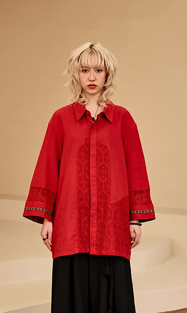 Reculer レキュリー レースカラーコンビネーション リネンシャツ レッド 正面 韓国ブランド 2026SS