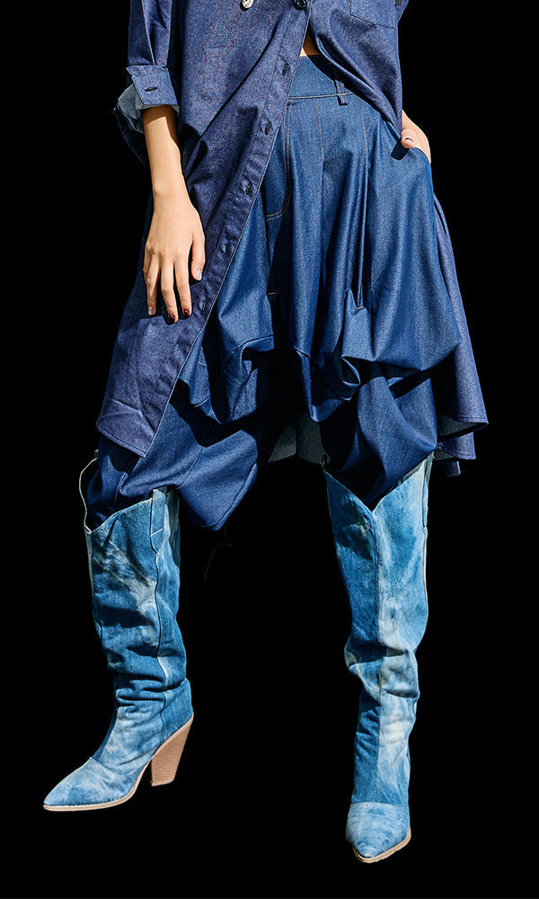 【Reculer レキュリー】Skirt silhouette baggy pants Like Denim Deep Blue