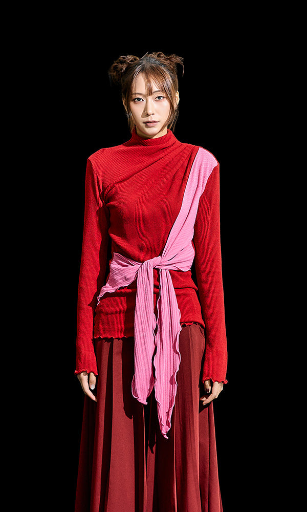 【Reculer レキュリー】Cowl string coloration  draped T-shirt Red
