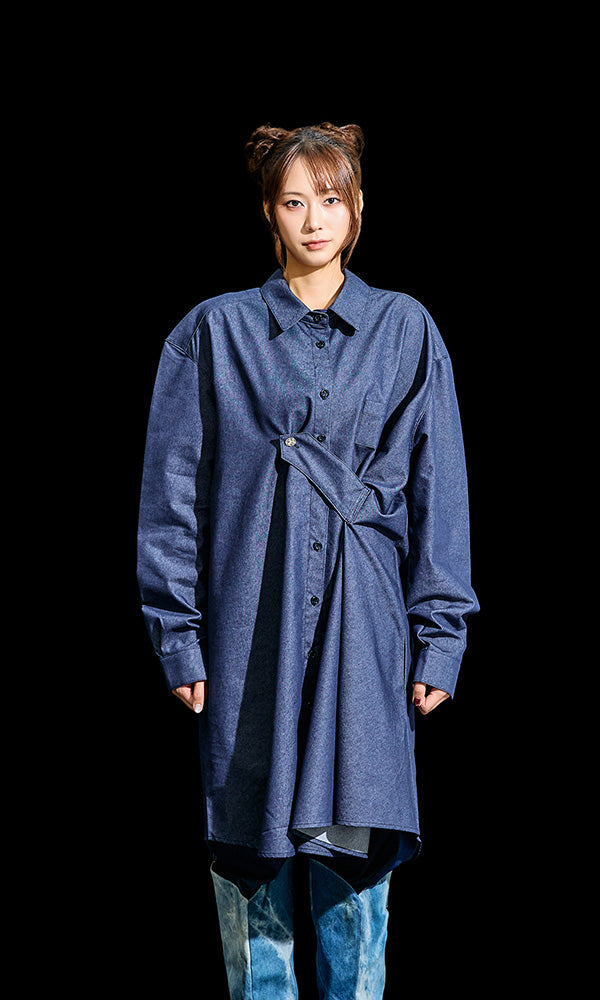 【Reculer レキュリー】Draping Basic long Shirts  Like denim  Deep Blue