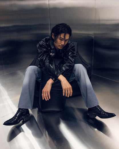 [REVURA] BURN OUT FLARE FAUX RIDER JACKET