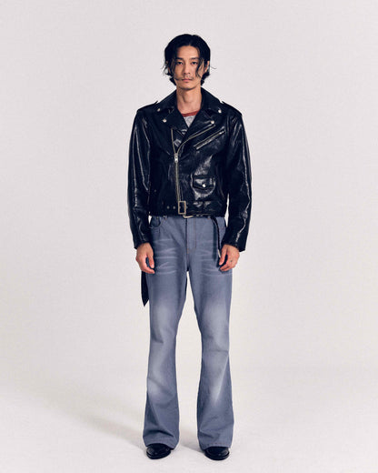 [REVURA] BURN OUT FLARE FAUX RIDER JACKET
