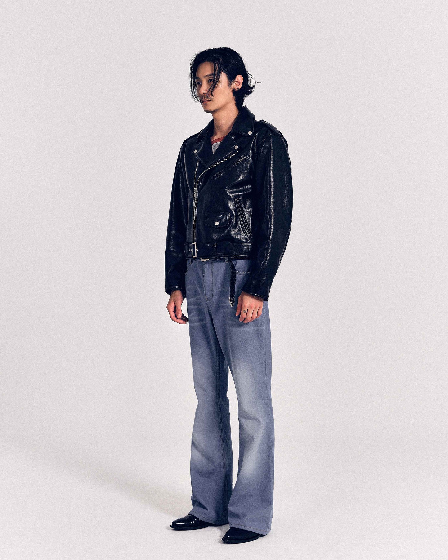 【REVURA レビュ―ラ】BURN OUT FLARE FAUX RIDER JACKET