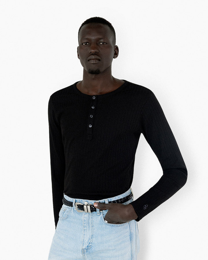 【REVURA レビュ―ラ】RÊVE COTTON MODAL RIBBED HENLEY SHIRTS - BLACK