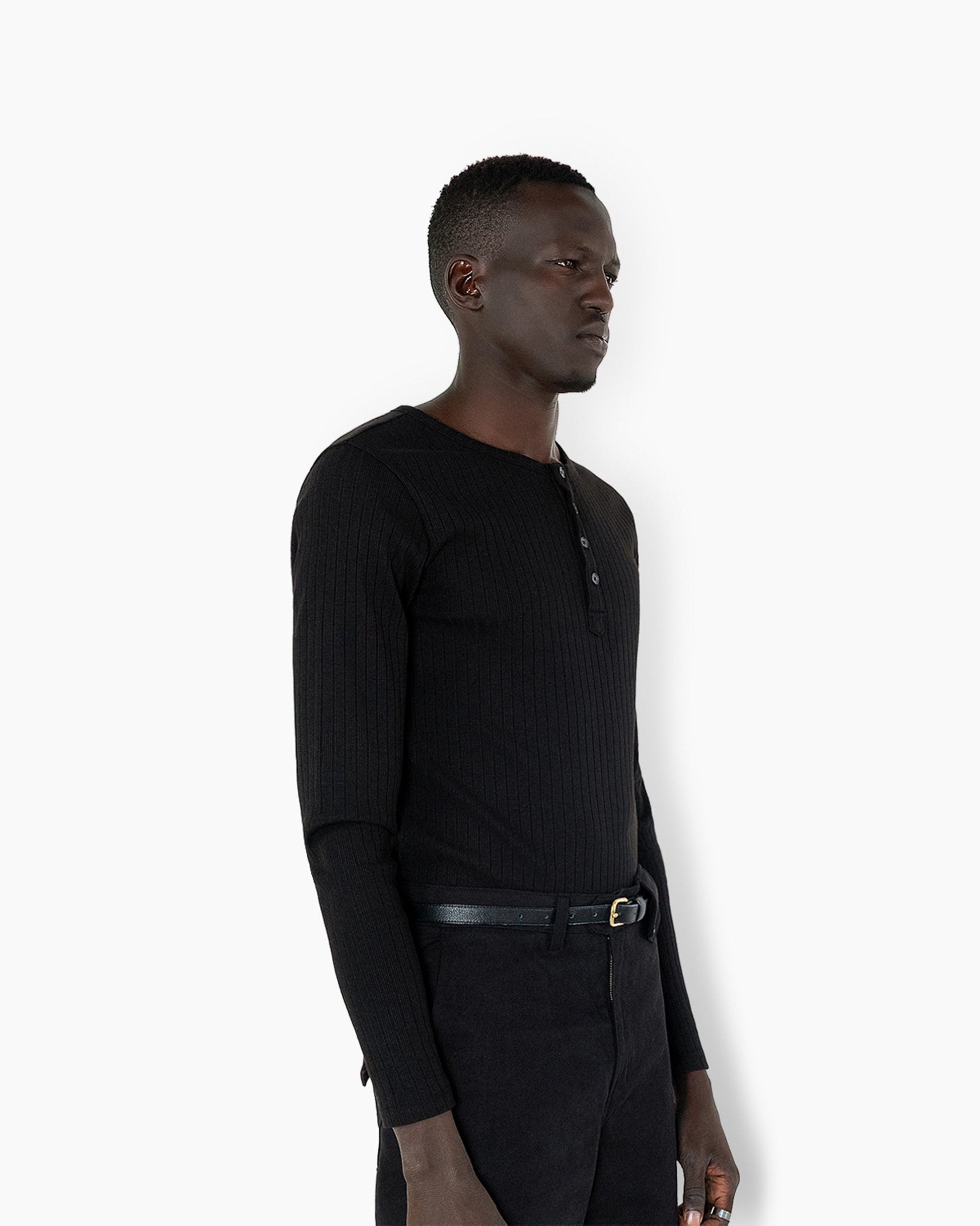 韓国 ファッション メンズ ブラック トップス ヘンリーネック リブTシャツ