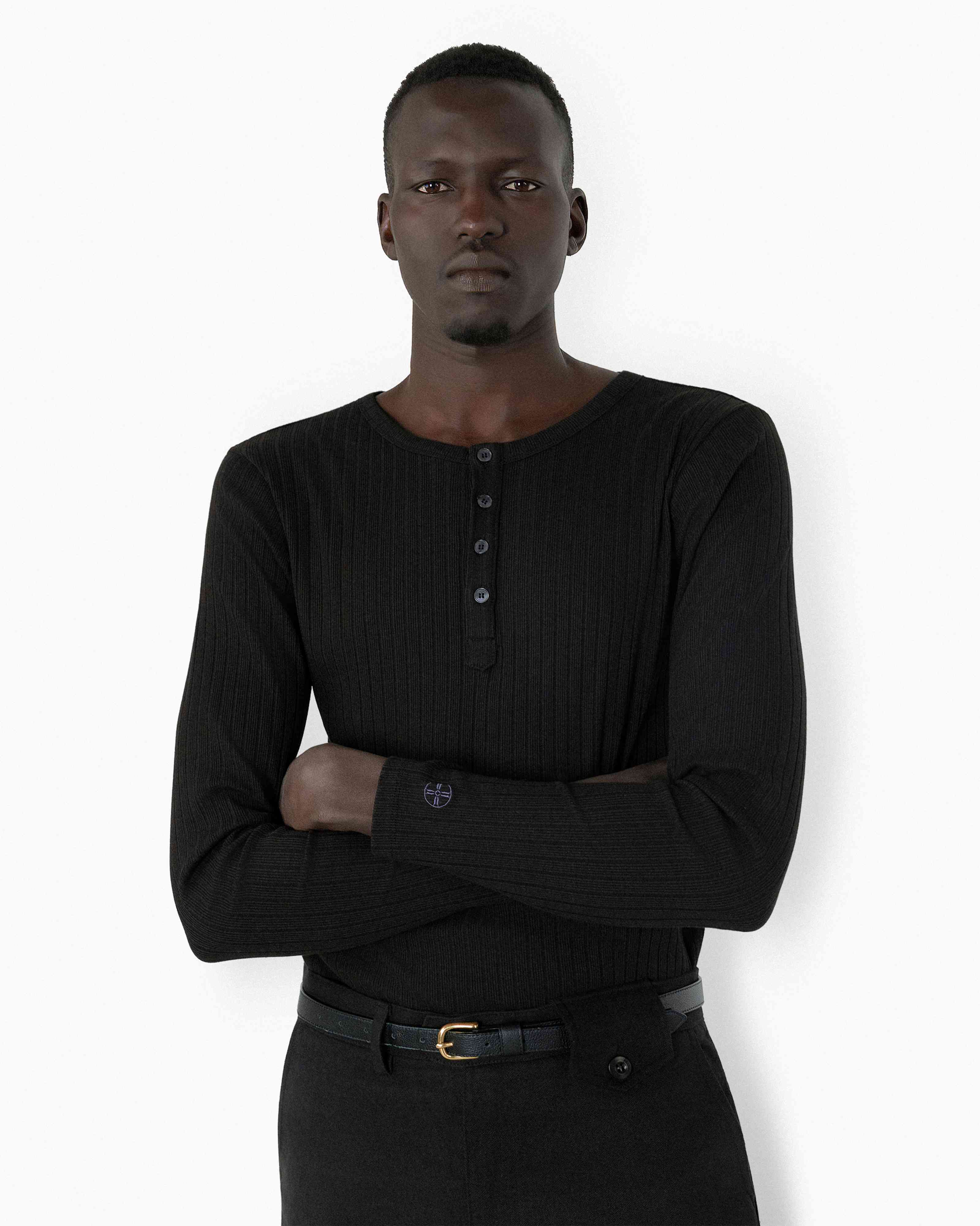 REVURA Ribbed Henley Shirt, Black | Korean Brand, Women's | WooStore