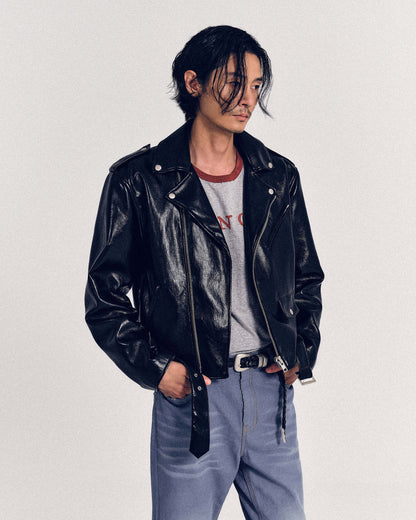 [REVURA] BURN OUT FLARE FAUX RIDER JACKET