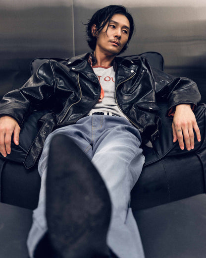 [REVURA] BURN OUT FLARE FAUX RIDER JACKET