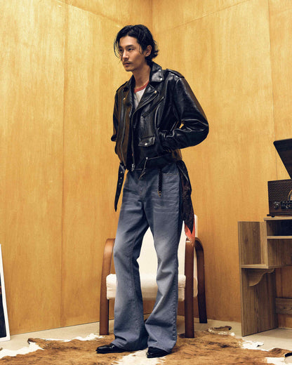 [REVURA] BURN OUT FLARE FAUX RIDER JACKET