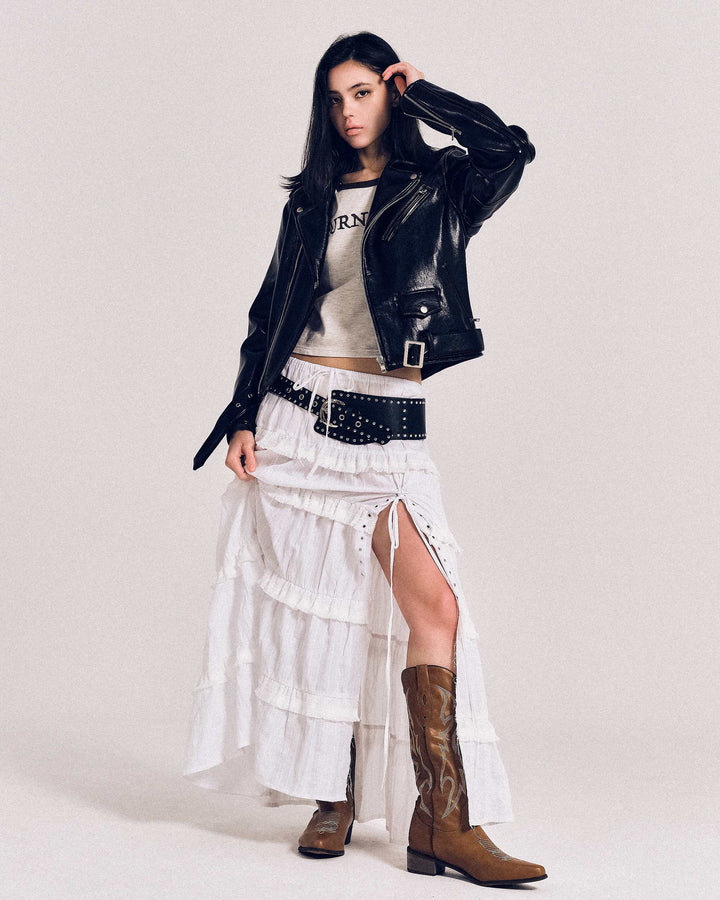 【REVURA レビュ―ラ】BURN OUT FLARE FAUX RIDER JACKET - S (W)