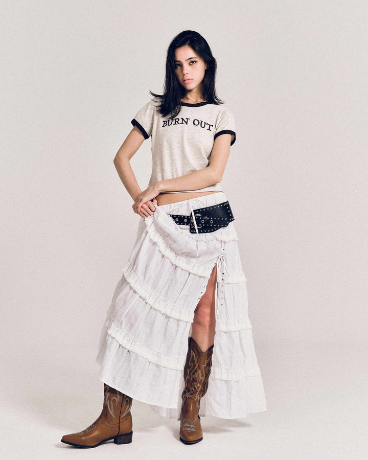 【REVURA レビュ―ラ】BURN OUT FRAY RINGER T-SHIRT OATMEAL / BROWN - S (W / CROP FIT)