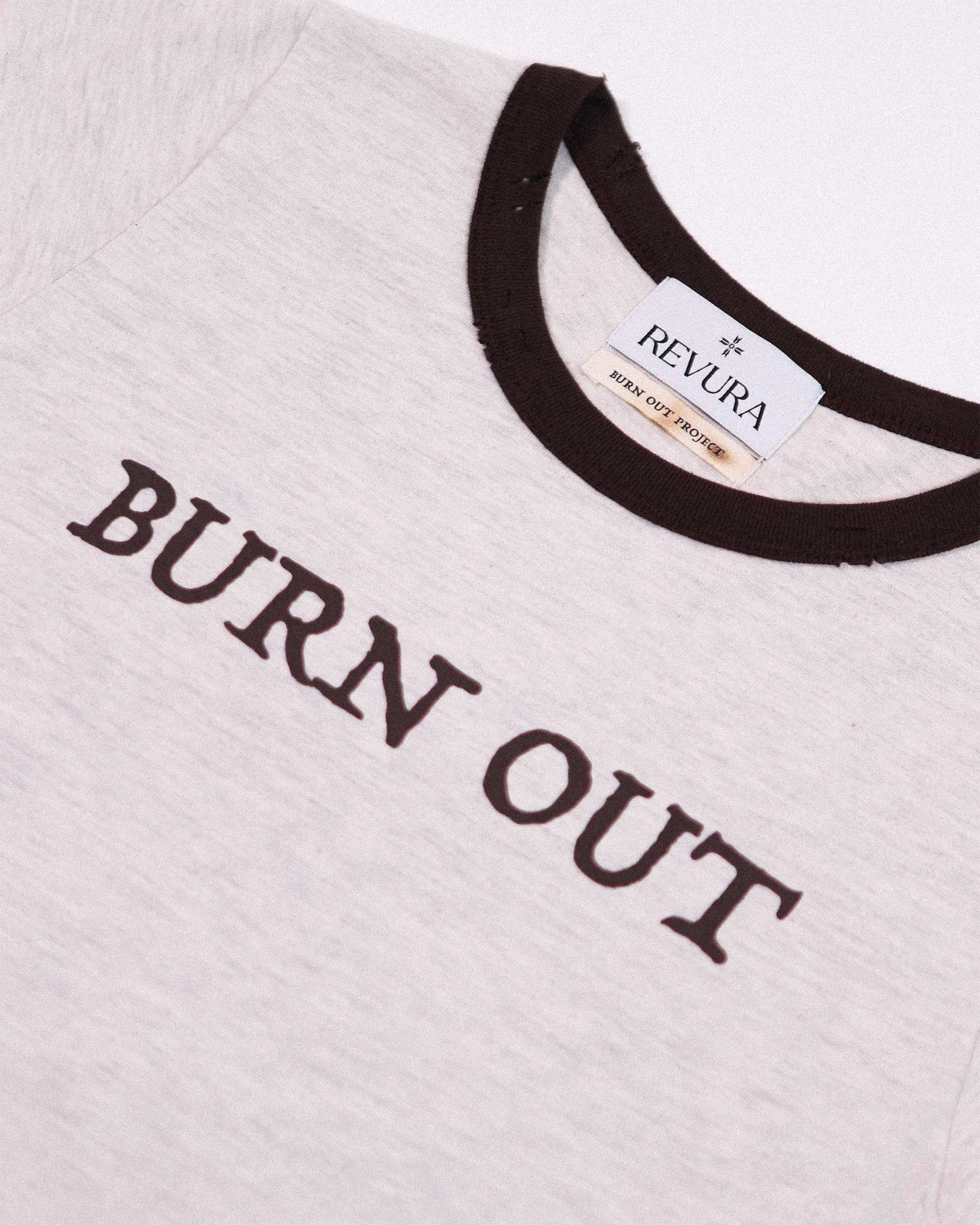 【REVURA レビュ―ラ】BURN OUT FRAY RINGER T-SHIRT OATMEAL / BROWN - S (W / CROP FIT)