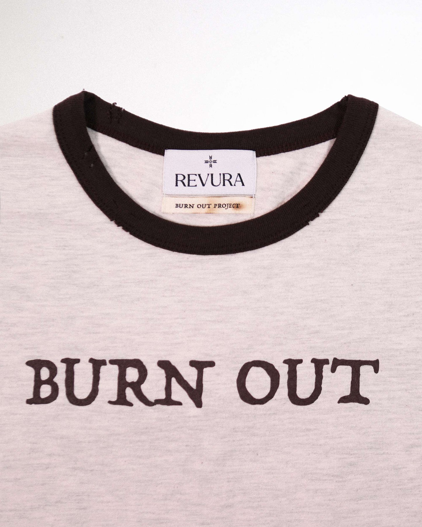 【REVURA レビュ―ラ】BURN OUT FRAY RINGER T-SHIRT OATMEAL / BROWN - S (W / CROP FIT)