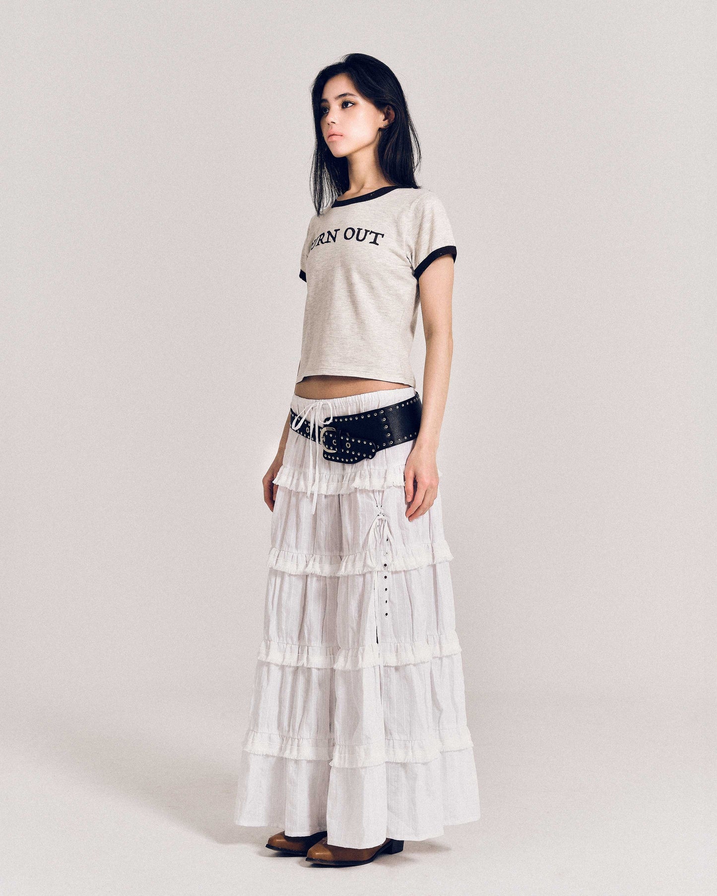 【REVURA レビュ―ラ】BURN OUT FRAY RINGER T-SHIRT OATMEAL / BROWN - S (W / CROP FIT)