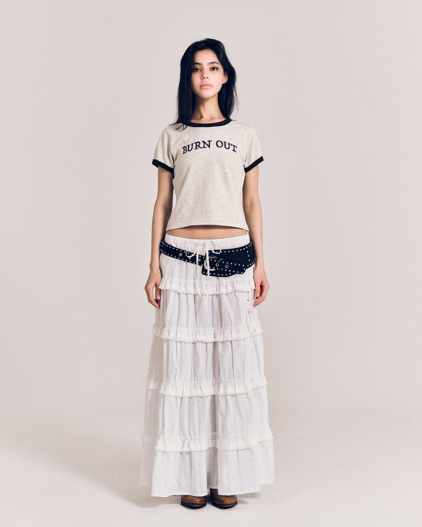 【REVURA レビュ―ラ】BURN OUT FRAY RINGER T-SHIRT OATMEAL / BROWN - S (W / CROP FIT)