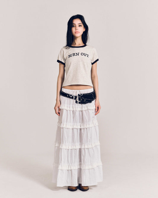 【REVURA レビュ―ラ】BURN OUT FRAY RINGER T-SHIRT OATMEAL / BROWN - S (W / CROP FIT)