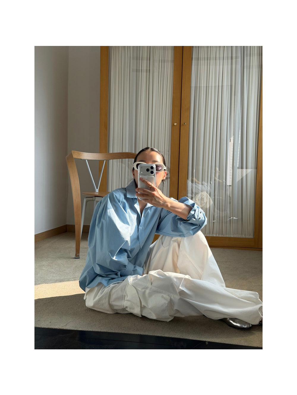Mood Dotto Shirt ブルー デニムパンツ スタイリング 韓国ファッション

