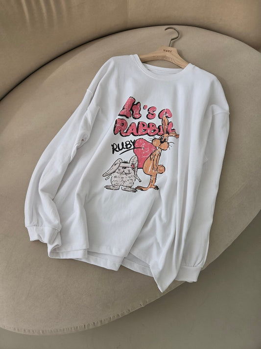 ホワイト ラビットプリント長袖Tシャツ
