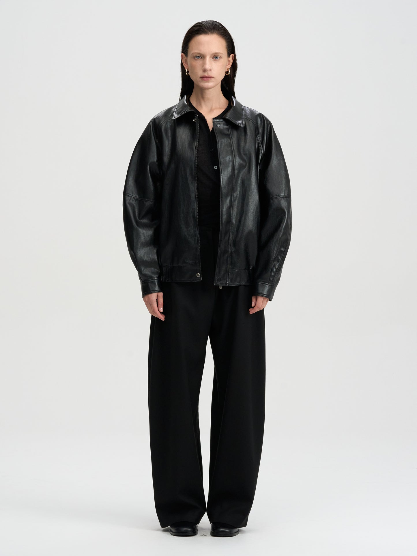 【MAGJAY 2025AW】Volume Leather Bomber Jacket - Black