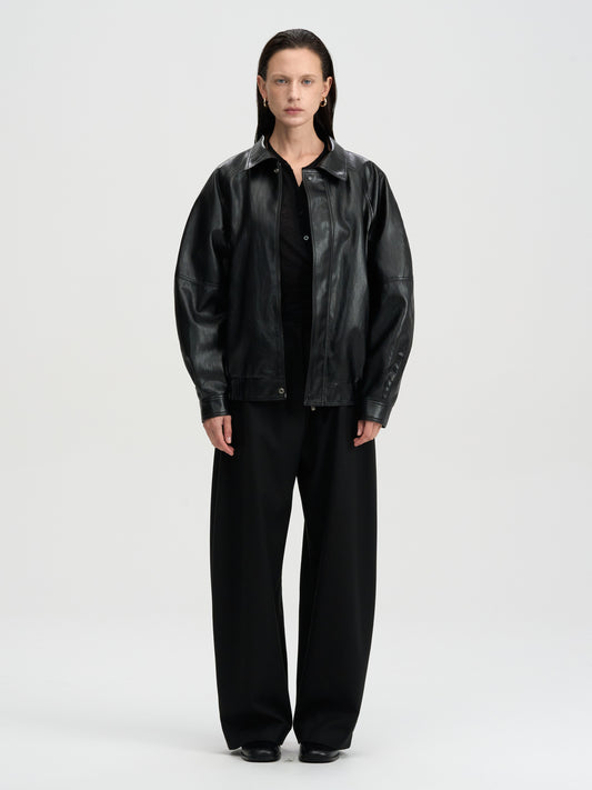 【MAGJAY 2025AW】Volume Leather Bomber Jacket - Black