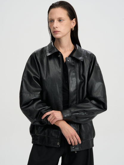 [MAGJAY 2025AW] Volume Leather Bomber Jacket - Black