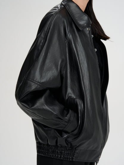 [MAGJAY 2025AW] Volume Leather Bomber Jacket - Black