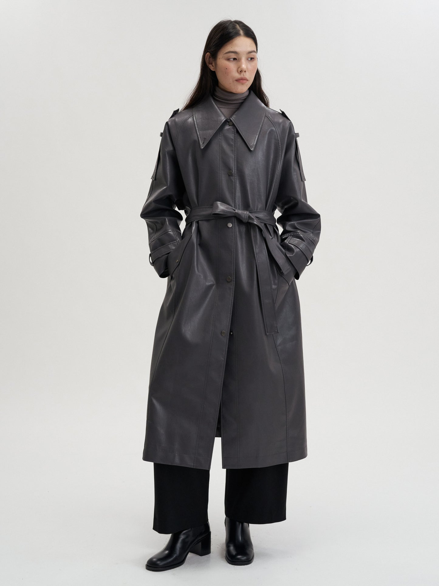 【MAGJAY 2025AW】Mod Leather Trench Coat - Gray