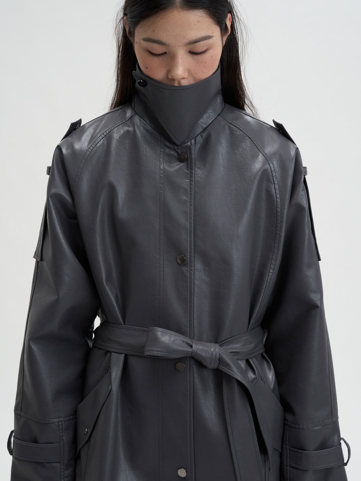 【MAGJAY 2025AW】Mod Leather Trench Coat - Gray